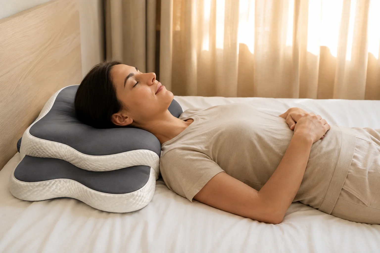 Femme allongée sur l’oreiller cervical Cervyne : la tête repose dans le creux central, la nuque est dans l’axe du dos