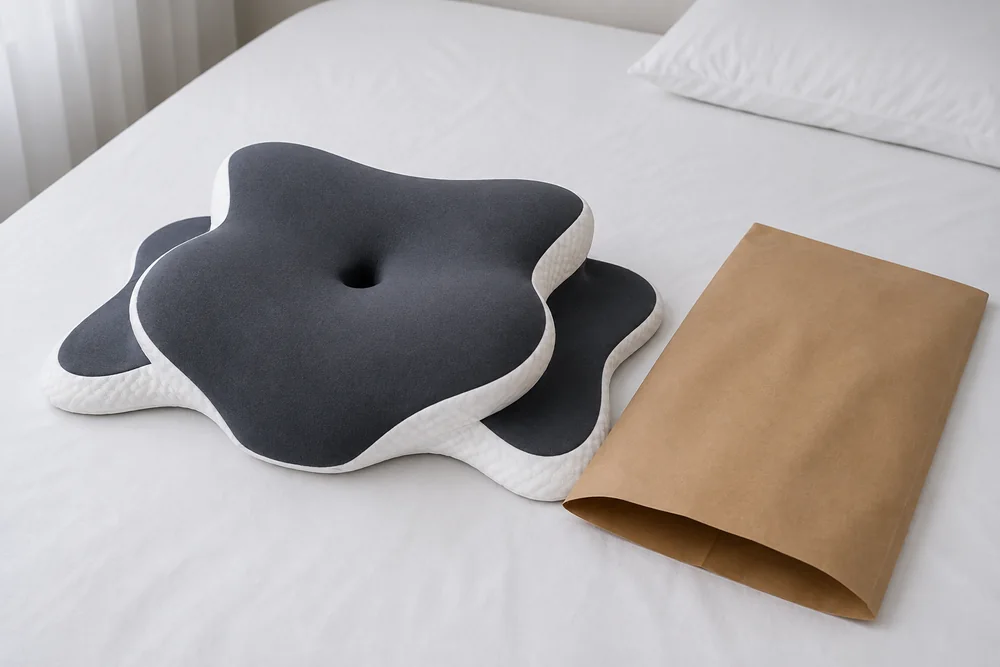 L'oreiller cervical sorti de son emballage, posé sur un lit