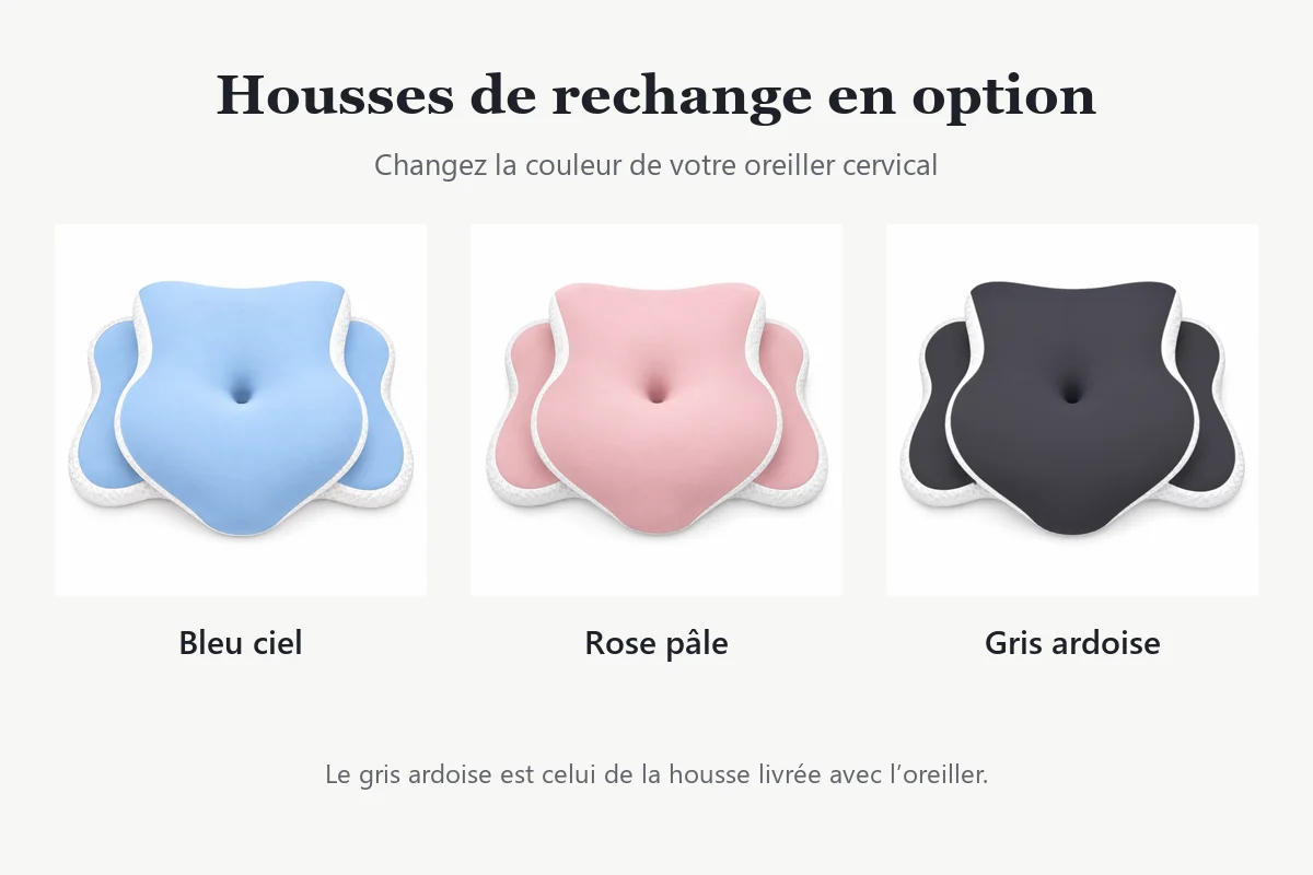 Les trois housses de rechange en option sur l’oreiller cervical Cervyne : bleu ciel, rose pâle et gris ardoise
