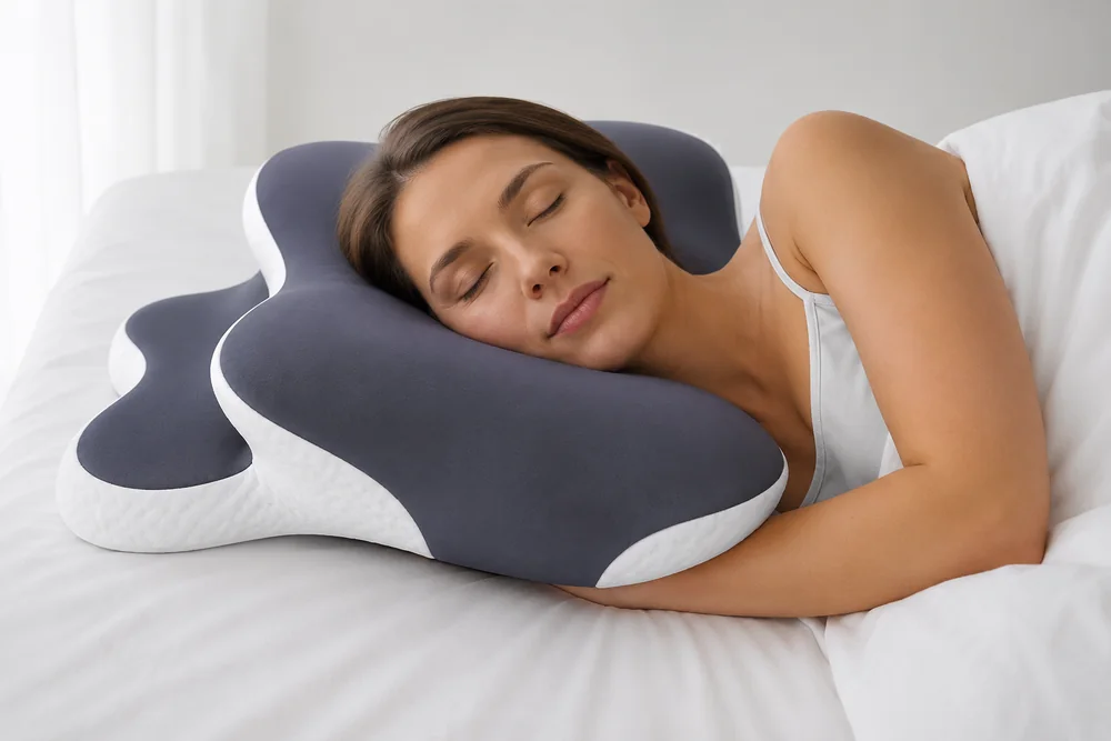 Dormeuse dont la main est glissee sous l'oreiller, signe d'un oreiller trop bas