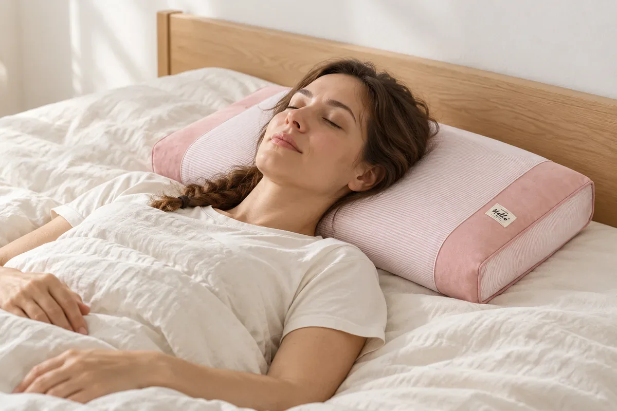 Une femme dort sur le dos, la nuque posée sur l’oreiller en sarrasin rose