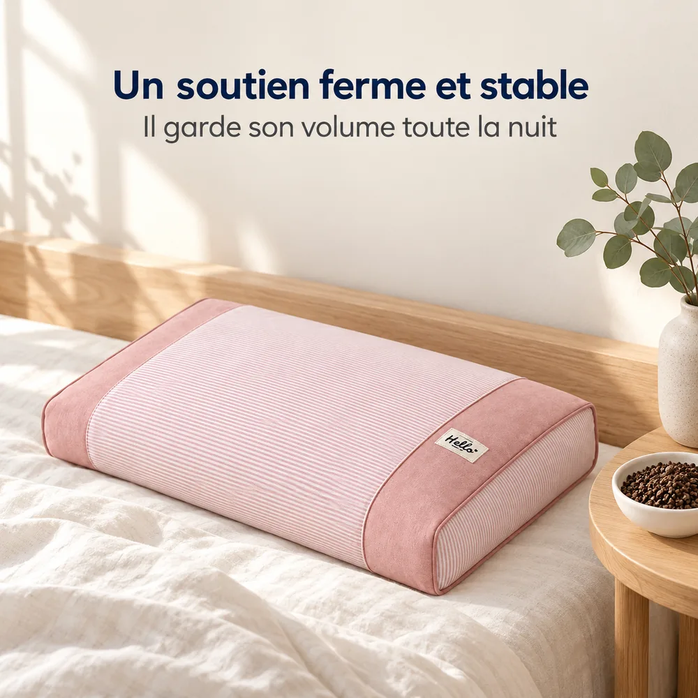 L’oreiller en sarrasin rose posé à la tête d’un lit, dans une chambre claire