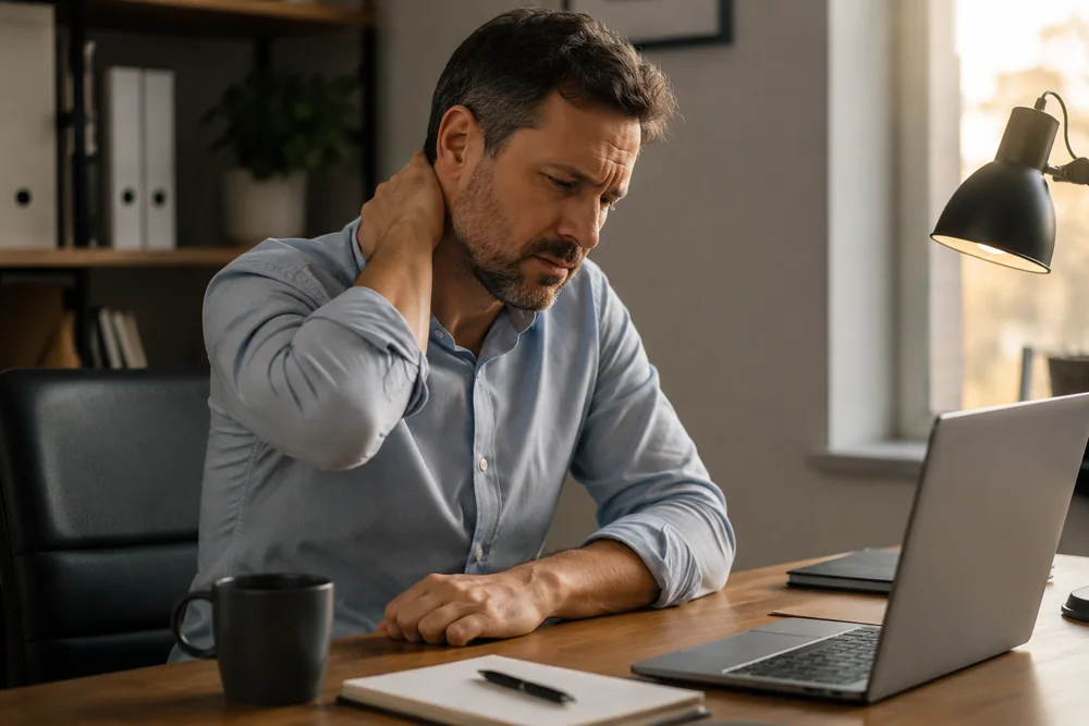 Homme a son bureau en fin de journee, une main sur la nuque