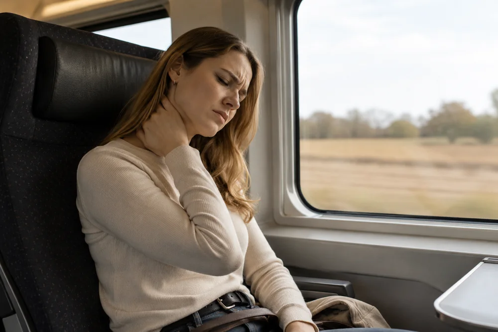 Voyageuse dans un siege de train, une main sur la nuque apres un long trajet