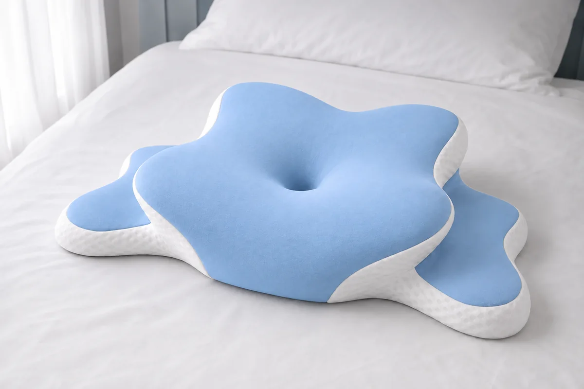 Oreiller cervical Cervyne habillé de la housse de rechange bleu ciel, posé sur un lit