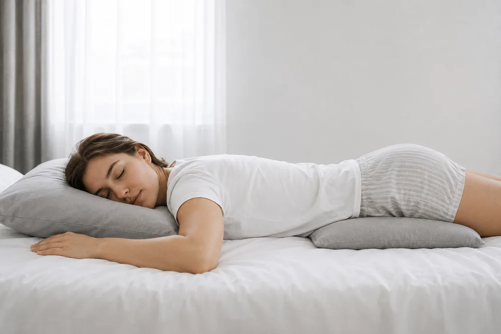 Personne dormant sur le ventre, la tete tournee sur le cote